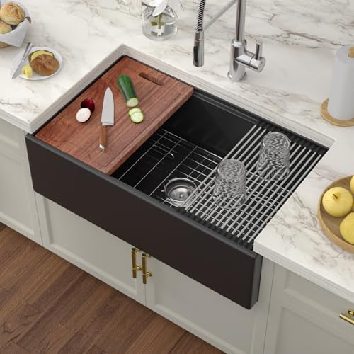 Black Farmhouse Sink Workstation 33 Inch Matte Black Apron Front Fireclay Farm Sink Reversible Apron Ceramic Single Bowl Sink Large Deep Farm Kitchen Sinks with Luxury Accessories - Image 2