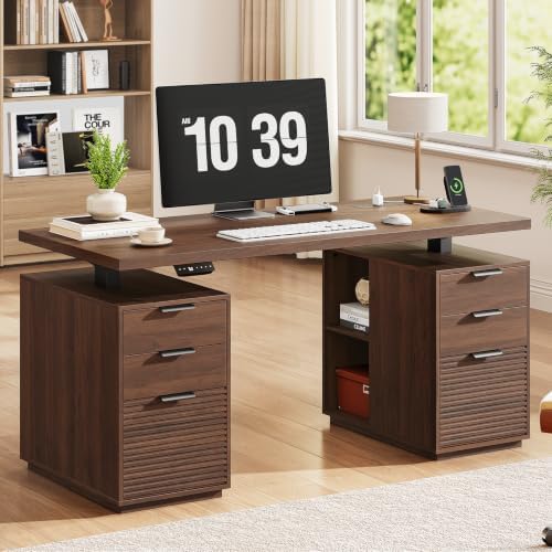 ONBRILL 70.8" Electric Standing Desk with 6 Drawers,Storage Shelves,Walnut by ONBRILL