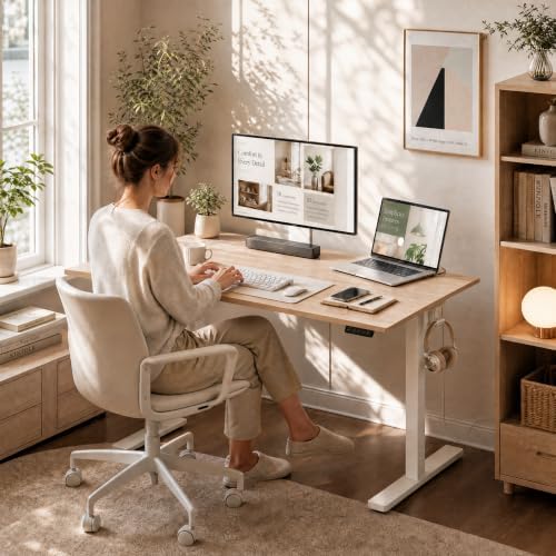 Grandder 47x32 Large Electric Standing Desk, Height Adjustable Computer Desk with 2 Memory Presets, 31.5" Deep Desktop Sit Stand Desk Home Office Desk Workstation Table with Hooks, Maple - Image 2