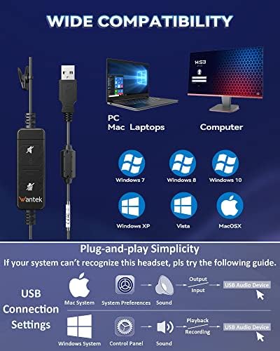 Wantek Corded USB Headsets Mono with Noise Cancelling Mic and in-line Controls, UC Business Headset for Skype, SoftPhone, Call Center, Crystal Clear Chat, Super Lightweight, Ultra Comfort (UC600) - Image 4