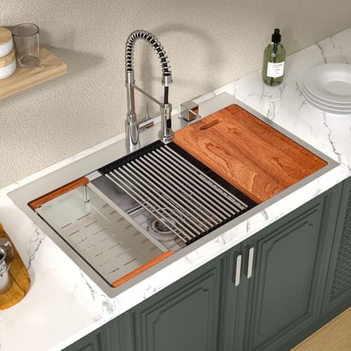Lordear 36 Drop In Kitchen Sinks Worktation 16 Gauge 36x22 Inch Stainless Steel Single Bowl Ledge Worktation Topmount Overcounter Handmade Kitchen Sink Basin With Cutting Board - Image 2
