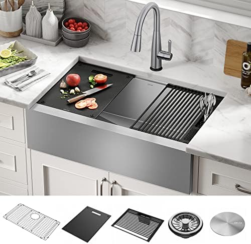 DELTA FAUCET Rivet 33-inch Workstation Farmhouse Apron Front Kitchen Sink Undermount 16 Gauge Stainless Steel Single Bowl with WorkFlow Ledge and Kit of 5 Accessories, 95C9031-33S-SS - Image 2