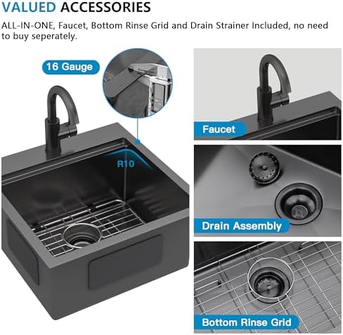 18"x18" Black Bar Prep Sink Drop In Workstation with Faucet Combo - Image 7