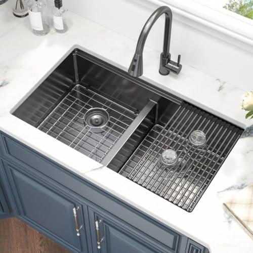 33 Black Undermount Kitchen Sink Double Bowl Workstation 50/50 Low Divide - Image 4