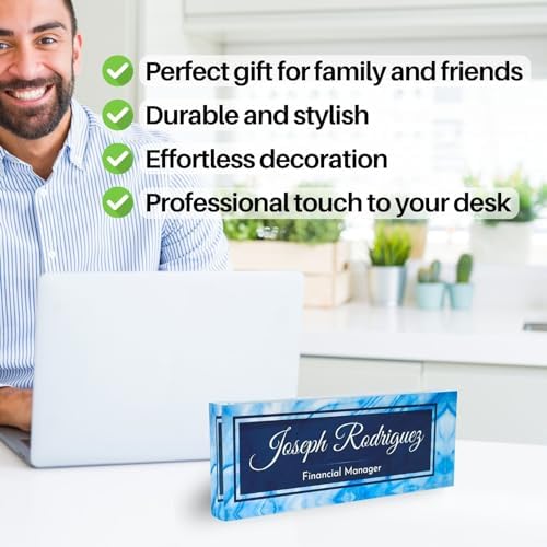 Customized Clear Acrylic Thick 8x3" Desk Name Plate Block with Personalized Logo - Professional Office Decor - Customized Acrylic Plate Gift for Teacher Co-workers (Blue Wave) - Image 4