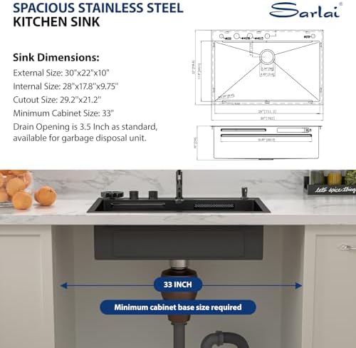 Sarlai Waterfall Kitchen Sink 30 Inch Black Drop In Kitchen Sink Topmount 16 Gauge Stainless Steel 30x22 Inch Single Bowl Multifuction Workstation Top Mount Sinks with Double Knob - Image 6