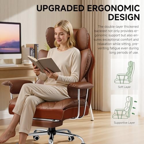 COMHOMA Big and Tall Office Chair, High Back Leather Gaming Chair with Footrest, Executive Ergonomic Office Chairs with Pocket Spring Lumbar Support and with Outward Fixed Soft Armrests - Image 5