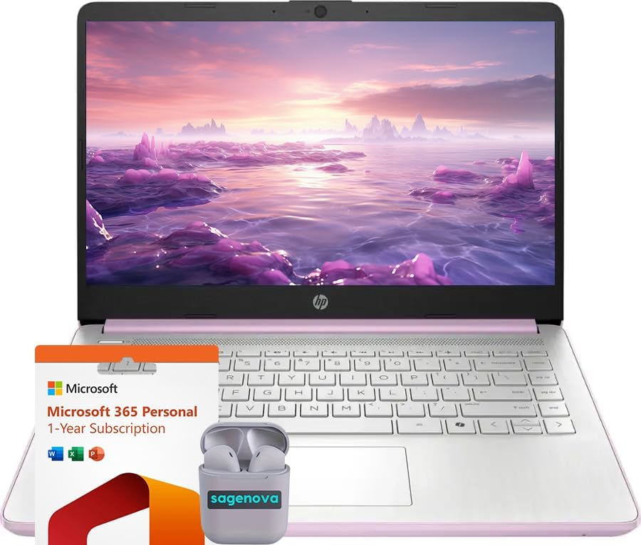 HP 14" Business Laptop Computer with Microsoft Office 365, 4-Core Intel Processor, 128GB Storage, 4GB RAM, Windows 11, SageNova Earphones, Honey Lavender by Unknown