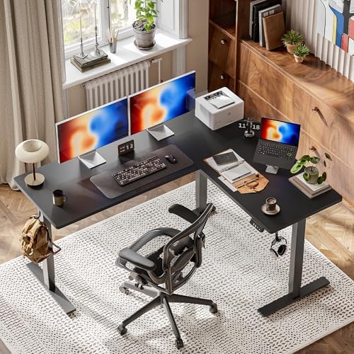 TIQLAB Standing Desk L Shaped, 63x55 Inch Adjustable Height Electric Stand Up Desk, Corner Standing Table with Hooks, Sit Stand Desk with Splice Board, Black - Image 6