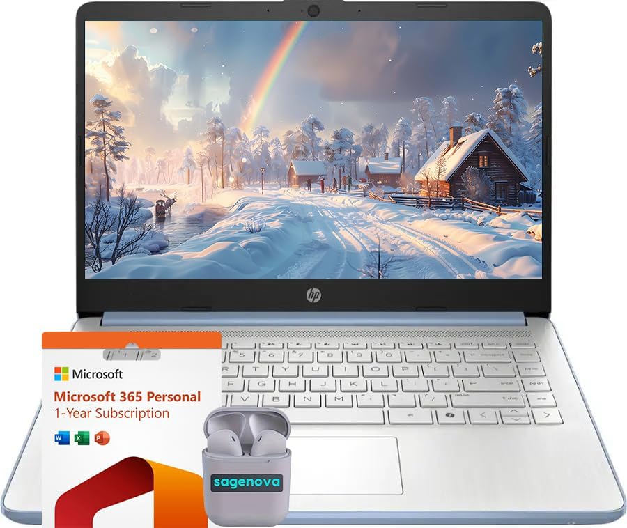 HP 14" Business Laptop Computer with Microsoft Office 365, 4-Core Intel Processor, 128GB Storage, 4GB RAM, Windows 11, SageNova Earphones, Sky Blue by Unknown