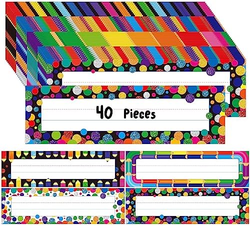 40PCS Desk Nameplates, 4 Designs Double Sided PET Film Desk Name Tags Erasable & Reusable Traditional Manuscript Name Plate Colorful Decoration for Student School Classroom Organization (10” x 2.8”) by Gethelud
