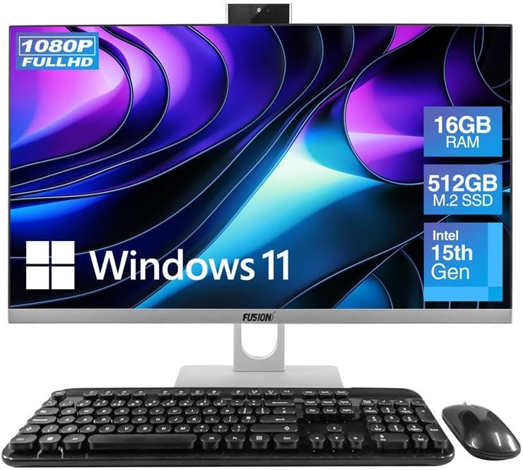 23.8" Full HD All in One PC Desktop Computer - 16GB RAM, 512GB SSD, Windows 11, Intel 15th Gen Quad-Core CPU, HDMI, USB 3.0 - AIO PC with Wireless Keyboard, Mouse, 3MP Web Camera by Fusion5