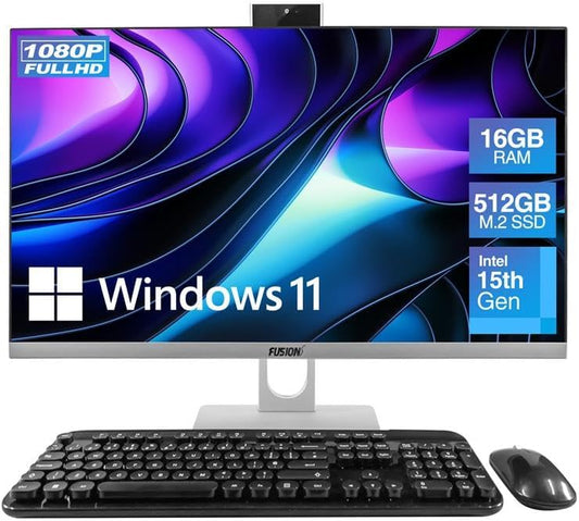 23.8" Full HD All in One PC Desktop Computer - 16GB RAM, 512GB SSD, Windows 11, Intel 15th Gen Quad-Core CPU, HDMI, USB 3.0 - AIO PC with Wireless Keyboard, Mouse, 3MP Web Camera by Fusion5