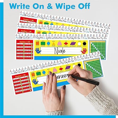 36 PCS Desk Nameplates, Double Sided PET Film Desk Name Tags with Alphabet, Numbers, Multiplication Chart, Shapes, Colors and Ruler Erasable & Reusable Traditional Manuscript Name Plate (14” x 4”) - Image 4