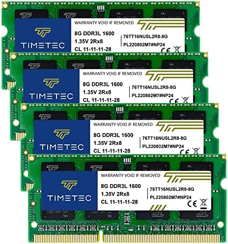 Timetec 32GB KIT(4x8GB) DDR3L / DDR3 1600MHz (DDR3L-1600) PC3L-12800 / PC3-12800 Non-ECC Unbuffered 1.35V/1.5V CL11 2Rx8 Dual Rank 204 Pin SODIMM Laptop Notebook PC Computer Memory RAM Module Upgrade by Timetec