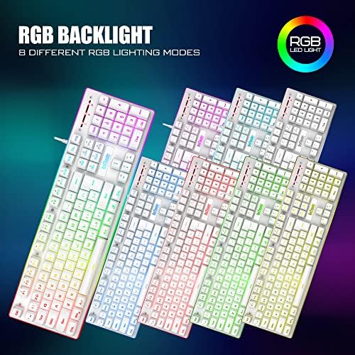 RedThunder K10 Wired Gaming Keyboard and Mouse and Wrist Rest Combo, RGB Backlit, Mechanical Feel Anti-ghosting Keyboard + 7D 7200 DPI Mice+Soft Leather Wrist Rest 3 in 1 PC Gamer Accessories(White) - Image 3