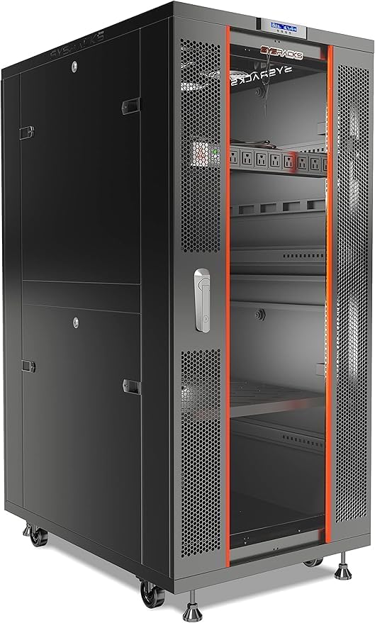 Sysracks 32U Deep Server Rack Cabinet Enclosure Locking | 39-Inch Depth Network Equipment Rack Cabinet with Thermocontroller, LCD-Screen, 4 Fans, Power Strip, Shelf, Wheels, Dust-Tight Cable Entries by SYSRACKS