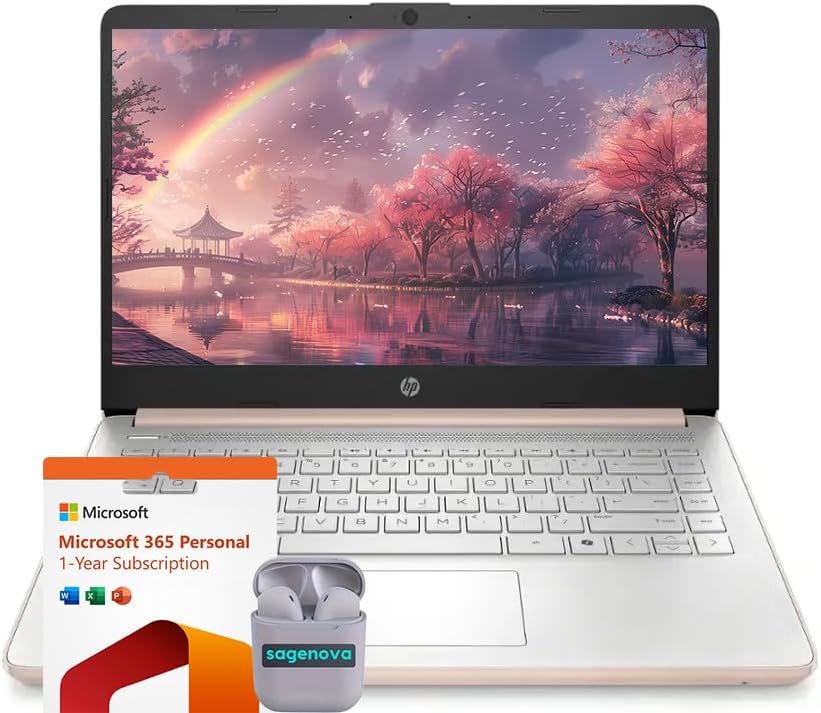 HP 14" Business Laptop Computer with Microsoft Office 365, 4-Core Intel Processor, Windows 11, 128GB Storage, 4GB RAM, SageNova Earphones, Pale Rose Gold by Unknown