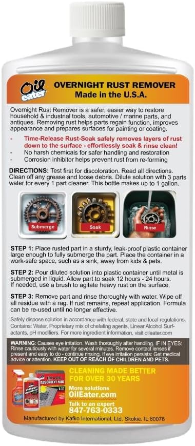 Oil Eater Overnight Rust Remover - Safe & Easy Soak for Tools, Auto Parts, Antiques, 32oz Concentrate - Makes 1-Gallon, (Pack of 6) - Image 2