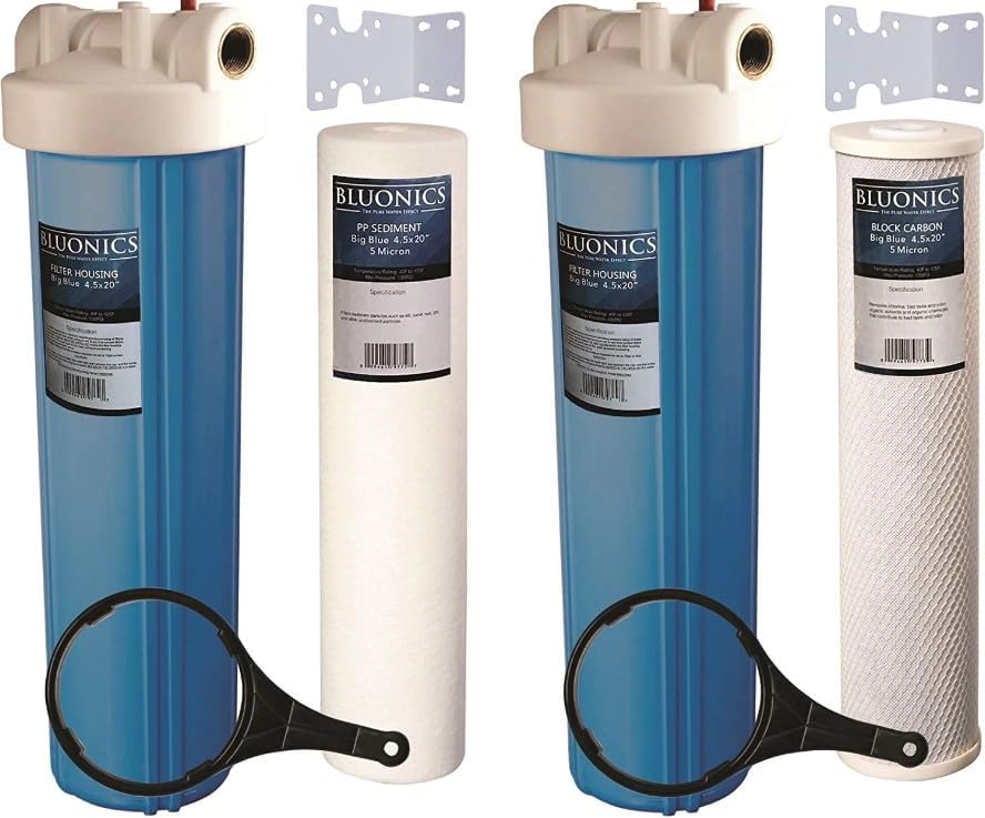 Bluonics Whole House Water Filter Dual System 4.5" x 20" Housings with Sediment & Carbon Filters Included by BLUONICS