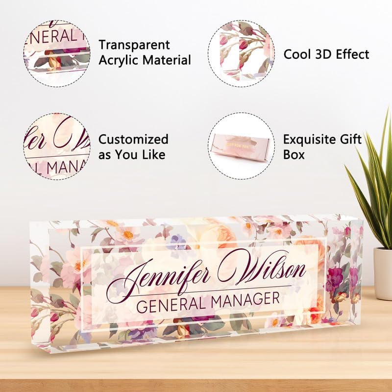 Desk Name Plate Personalized Name Plate for Desk, Office Desk Decor, 3D Style Personalized Plaque Name Plates for Desks Custom Appreciation Gifts for Boss Lady Employee Coworkers (Rosebud) - Image 3