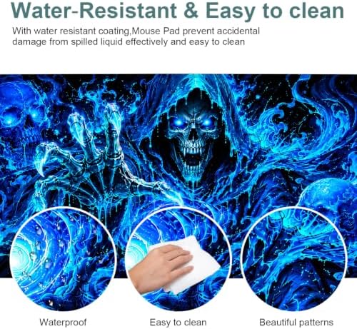 Blue Neon Skull Extended Gaming Mouse Pad 35.4"x15.7" Large Extended Pad Desk Mat Anti-Slip Rubber Base & Durable Stitched Edges for Gamers Smooth Mouse Pad Writing Surface for Desk Office/Home - Image 5