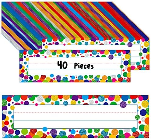 40PCS Desk Nameplates, Confetti Desk Name Tags with Double Sided PET Film Student Name Labels Erasable & Reusable Traditional Manuscript Name Plates for School Classroom Organization (10” x 2.8”) by Gethelud