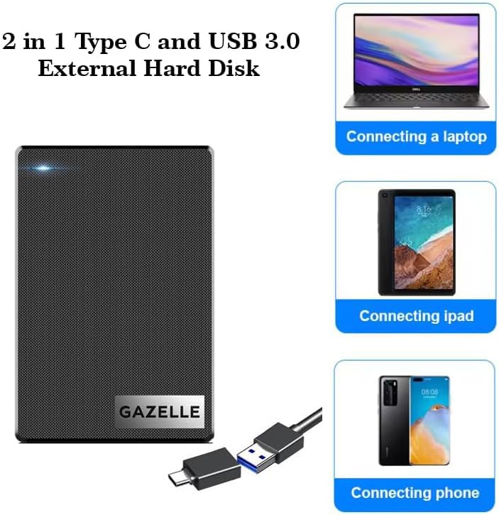 GAZELLE High-Speed 1TB Ultra Slim Portable External Hard Drive - 2-in-1 Type C & USB 3.0, Compatible with PC, Mac, Laptop, PS4, Xbox, iPad, Tablet, Mobile (Black) - 1 Year Warranty - Image 2