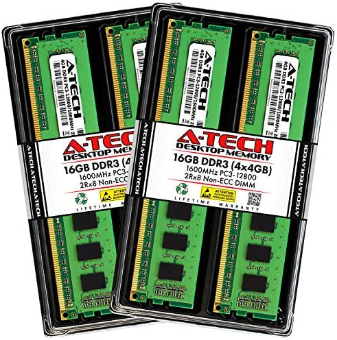 A-Tech 16GB (4 x 4GB) DDR3 1600MHz PC3-12800 Desktop RAM Kit | Non-ECC Unbuffered DIMM Dual Rank 2Rx8 1.5V 240-Pin Memory Upgrade Modules by A-TechComponents