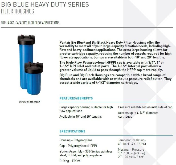 Pentair Pentek Big Blue Filter Housing, 3/4" NPT, 10-Inch, Whole House Water Filter Housing with Pressure Relief Button, HFPP Cap, Fits 10" x 4.5" Cartridges, NSF Certified, Black/Blue - Image 2