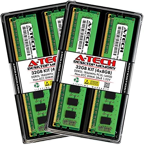 A-Tech 32GB Kit (4x8GB) DDR3/DDR3L 1866MHz PC3L-14900 (PC3-14900) CL13 UDIMM 2Rx8 1.35V Non-ECC DIMM 240-Pin Desktop RAM Memory Upgrade Modules by A-TechComponents