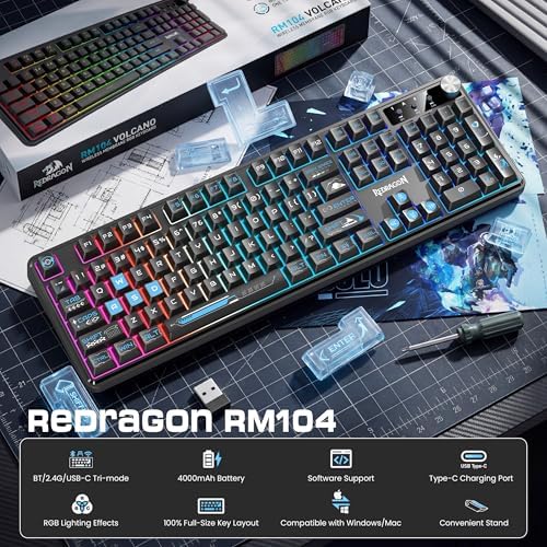 Redragon RM104 Wireless Gaming Keyboard with Knob, Tri-Mode BT/2.4G/USB-C RGB Computer Keyboards, 4000mAh Battery, Programmable Software Support, Anti-Ghosting, Compatible with PC Mac - Black & Blue - Image 2