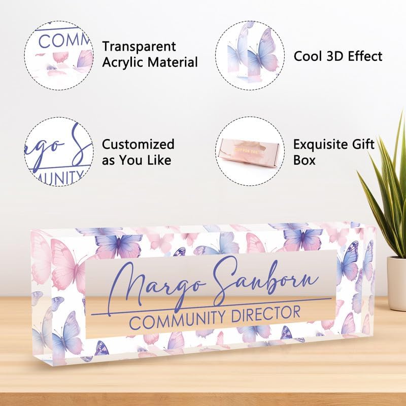 Personalized Office Desk Name Plate Acrylic Glass Block (Watercolor Butterfly) - Image 5