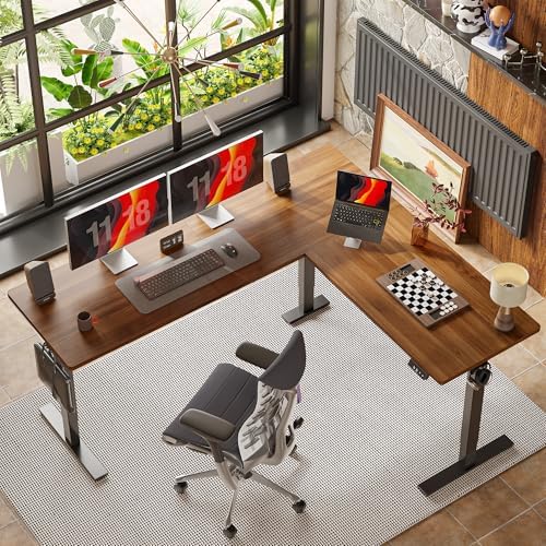 TIQLAB 75 x 61 inch L Shaped Standing Desk Adjustable Height, Electric Corner Standing Desk, Sit Stand Computer Table with Splice Board, Black Walnut - Image 2