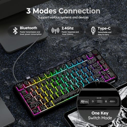 RK ROYAL KLUDGE R75 Wireless Mechanical Keyboard, 75% Percent Topographic Gaming Keyboard Gasket Mount RGB Backlit with Knob & PBT Keycaps, BT5.1/2.4GHz/USB-C, Hot Swappable Cream Switch, Black - Image 3
