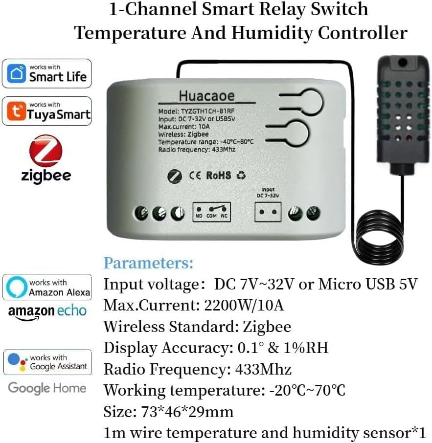 Zigbee 1 Channel 10A Smart WiFi Temperature and Humidity Controller with Extendable Probe Sensor ,USB & DC 7-32V, App Control,Greenhouse,Pet Breeding,Incubator,Reptile,Alexa/tuya zigbee hub Required - Image 2
