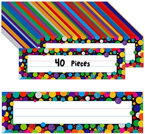 40PCS Traditional Manuscript Name Plates, Confetti Desk Name Tags with Double Sided PET Film Student Name Labels Erasable & Reusable Desk Nameplates for School Classroom Organization (10” x 2.8”) by Gethelud