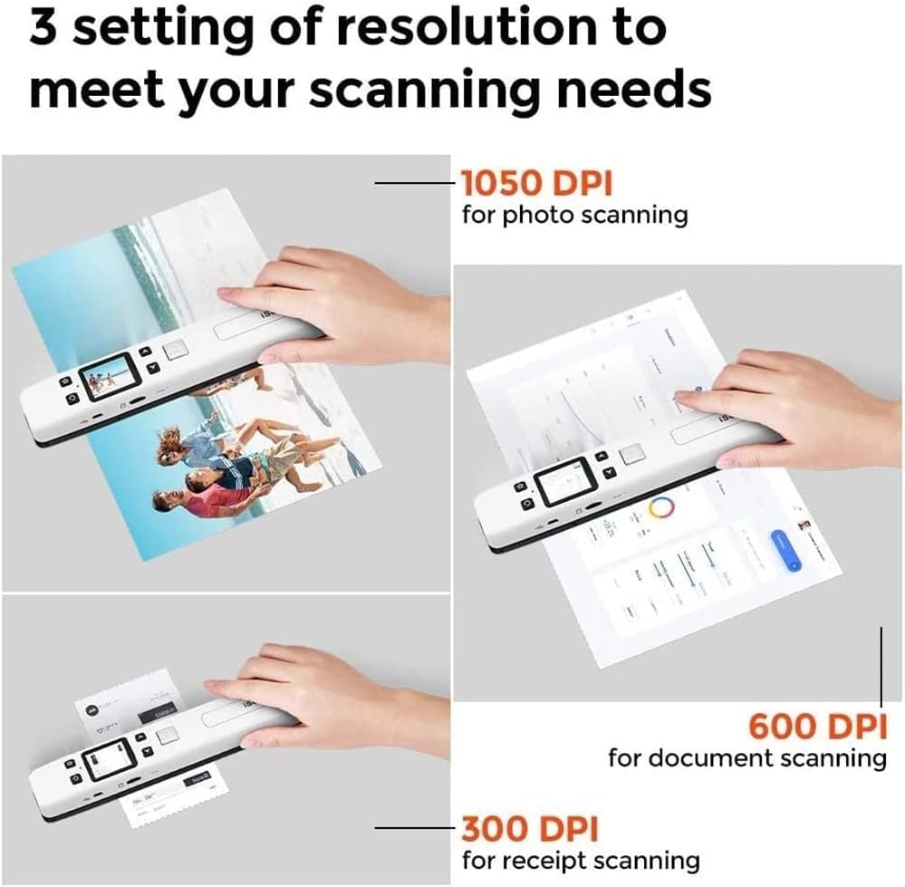 WiFi Portable Handheld Color Photo Scanner for A4 Document,Business Card,Books, Receipt,Pictures up to 1050 DPI,Connect Computer Via Built-in WiFi/USB Cable, Needn't Driver,with 16G SD Card (White) - Image 3