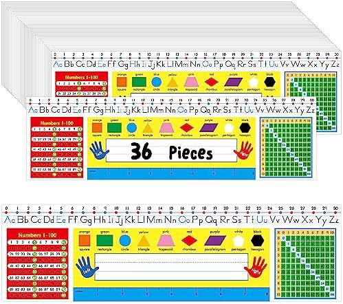 36 PCS Desk Nameplates, Double Sided PET Film Desk Name Tags with Alphabet, Numbers, Multiplication Chart, Shapes, Colors and Ruler Erasable & Reusable Traditional Manuscript Name Plate (14” x 4”) by Gethelud