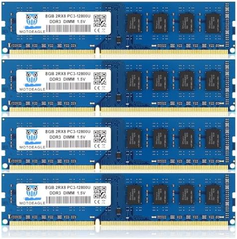 32GB DDR3 RAM 4X8GB PC3-12800U DDR3-1600 UDIMM 2Rx8 DIMM RAM DDR3 8GB 1600MHz SDRAM 240-Pin 1.5V CL11 Non-ECC Desktop PC Memory Kit by motoeagle